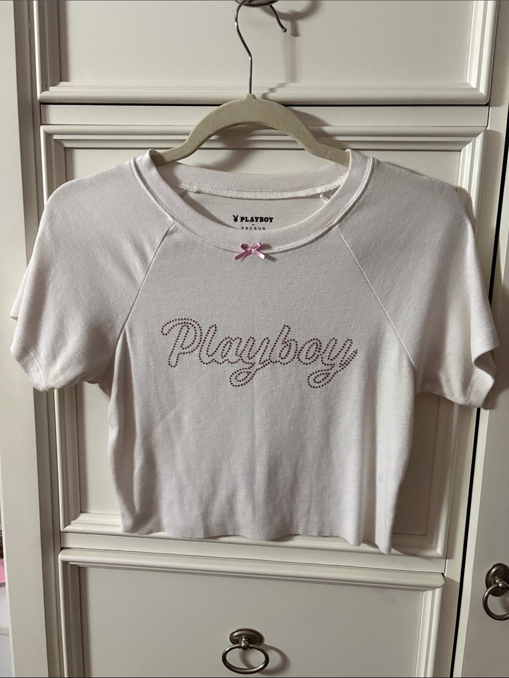 PLAYBOY White Crop Tee with Pink Rhinestone Logo